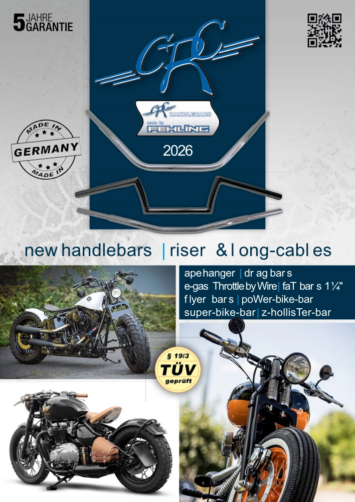 CRC catalog 2026 cover featuring motorcycle handlebars, risers, and long cables with images of custom motorcycles.